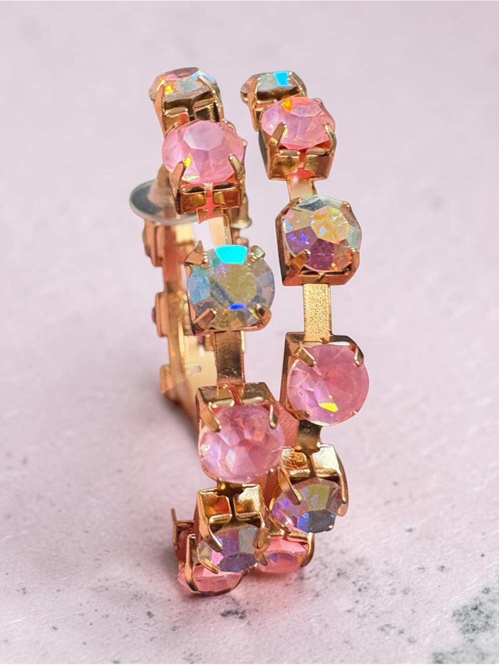 Gold Hoop Earrings with Pink and Aurora Crystal Accents
